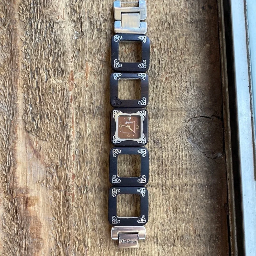 BRIGHTON Bellerive silver and wood etched square‎ chunky link watch